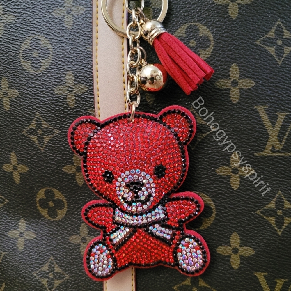 Bling Teddy Bear Crystal Rhinestone Keychain Bag Charm With Red Tassel